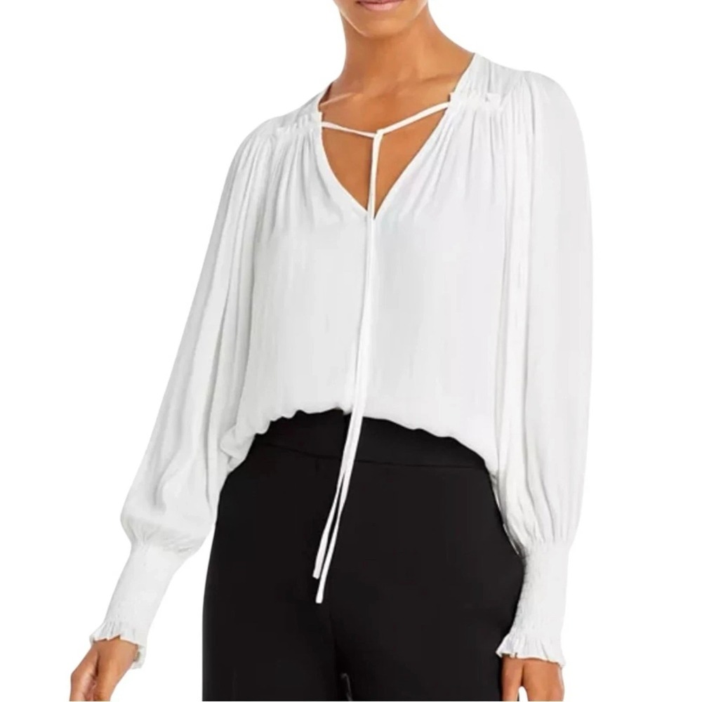 Rebecca Taylor Sateen Tie Neck Smocked Ruffle Cuff Blouse XS Off White Luxury - Picture 9 of 16